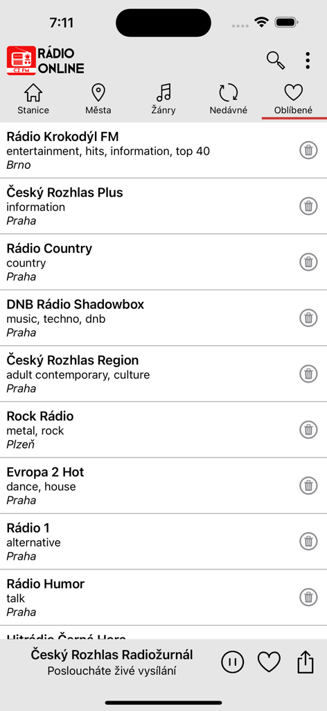 List of favorite radio stations in the Radio Online Ceska mobile app