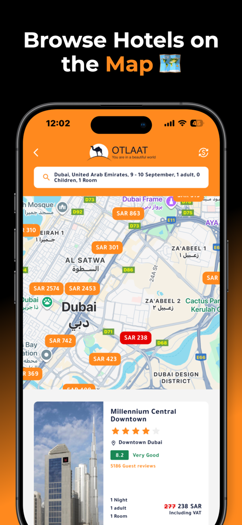 Otlaat app screen showing hotel locations and prices on a map of Dubai