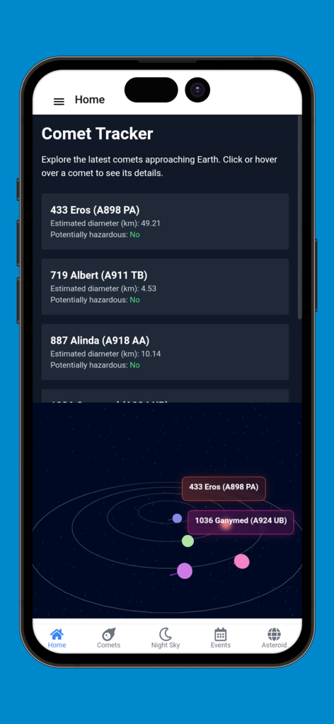 Comet Tracker App - Comet Tracker app home screen displaying a list of tracked celestial objects and a 3D simulation of their orbits