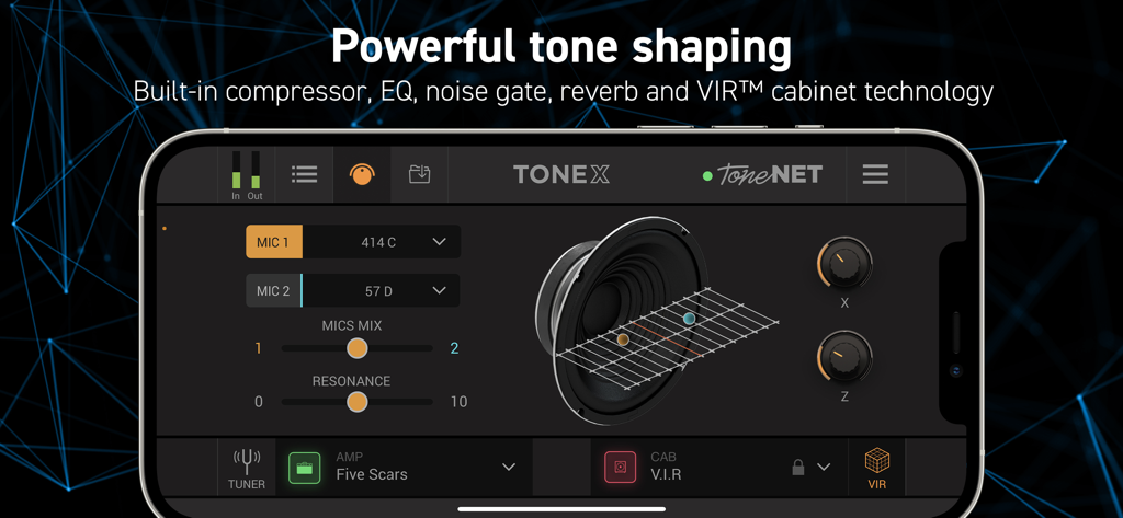 AmpliTube TONEXアプリのインターフェース。VIRキャビネットのマイク配置とトーンシェーピング設定を表示