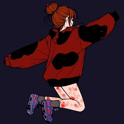 realistic girl jumping with a bun and oversized sweatshirt