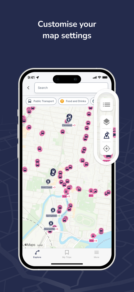 Map view in the Translink app showing public transport icons and customization settings