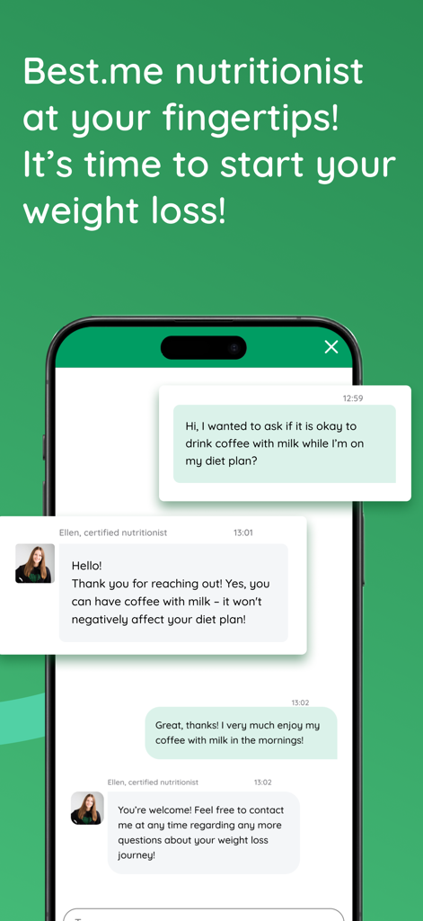 Best.Me app chat interface showing a live consultation with a certified nutritionist for weight loss support