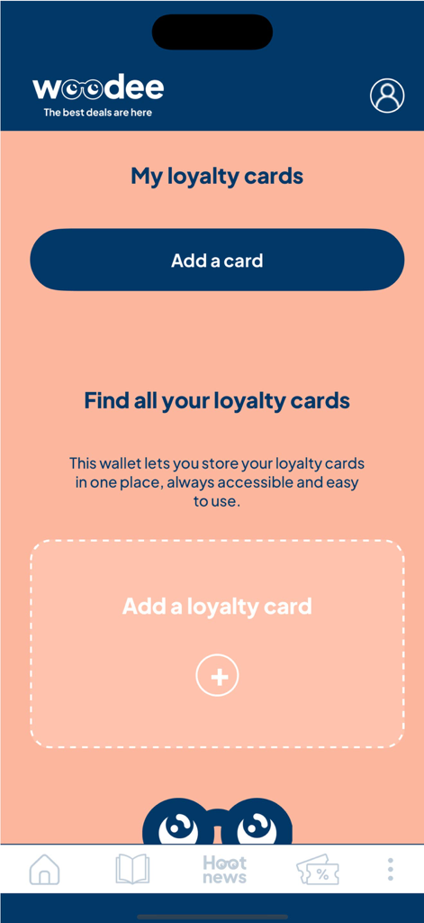 Woodee - Woodee app screen for managing and adding digital loyalty cards