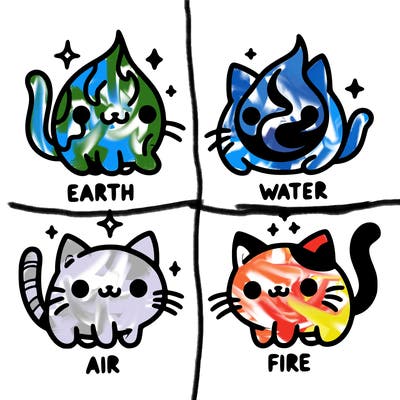 4 cats that represent the different elements, earth, water, air, and fire