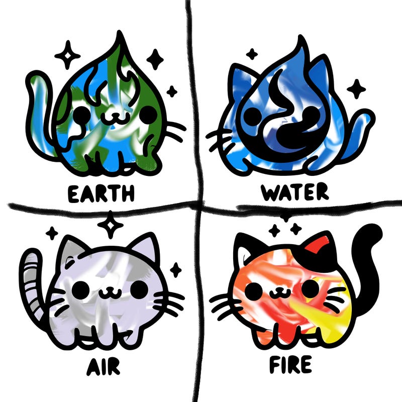 4 cats that represent the different elements, earth, water, air, and fire