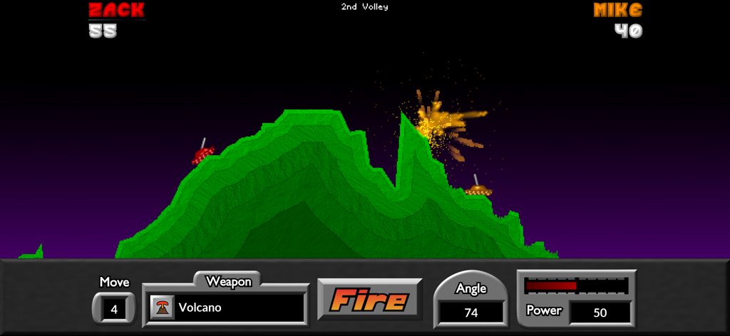 A 2D artillery battle between two tanks in the game Pocket Tanks Deluxe showing green terrain and a weapon explosion.