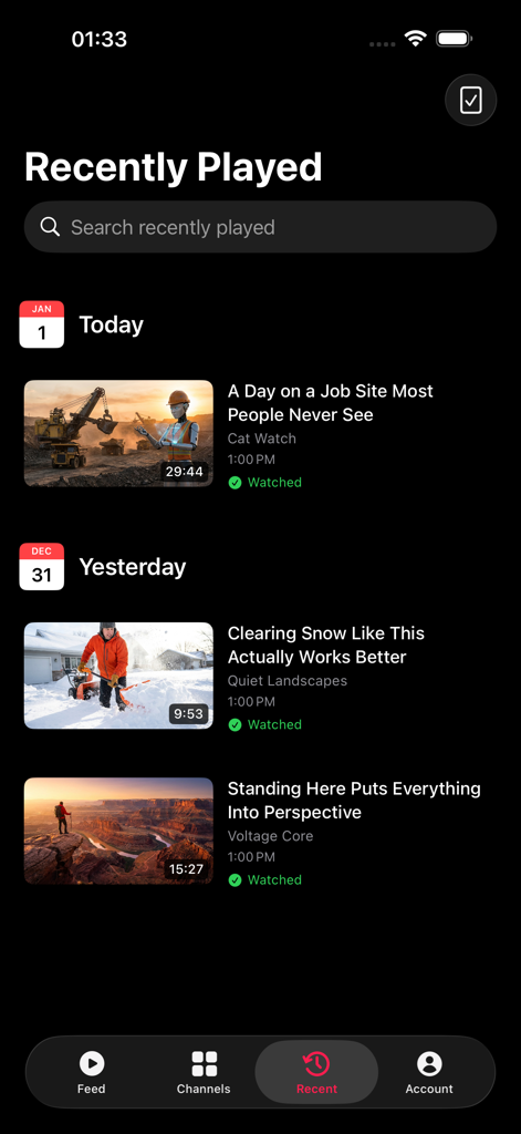 MeTube - Your Channels Only - Écran d'historique des vidéos récemment lues de l'application MeTube montrant une liste chronologique des vidéos vues en mode sombre