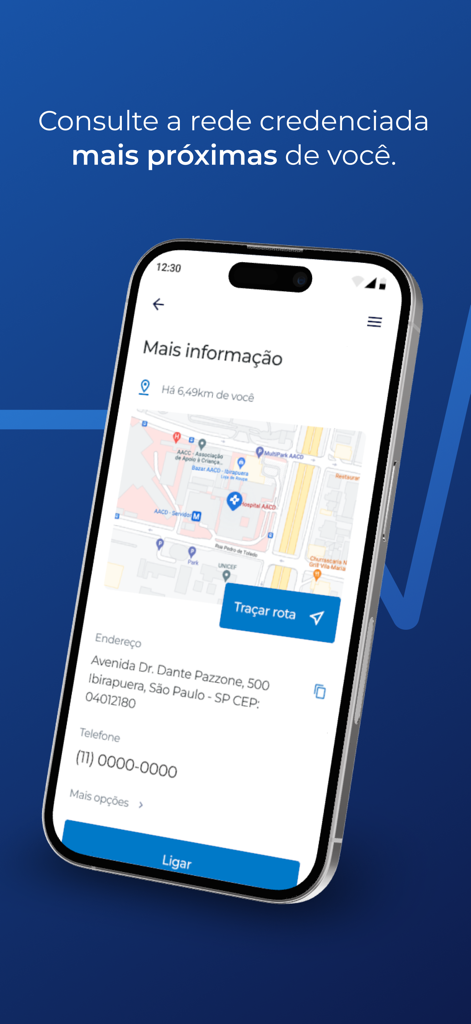Care Plus - Care Plus app interface displaying a map of nearby accredited healthcare providers with address and contact options.