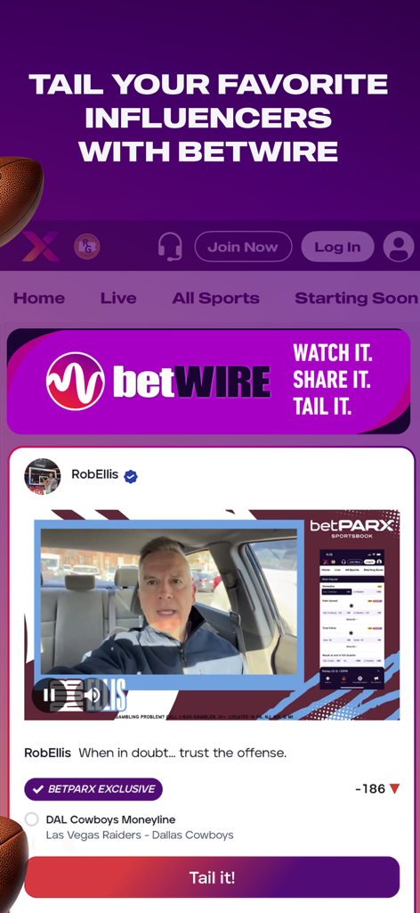 betPARX PA - Mobile screen of betPARX app showing the betWIRE social betting feature to tail influencer picks.