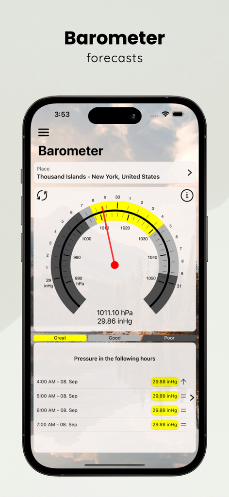 When to Fish - Fishing App - Fishing app showing a barometric pressure gauge and hourly forecast for anglers.