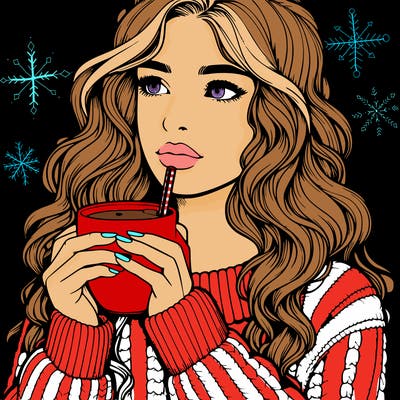 a realistic girl drinking coffee in a sweater with wavy hair