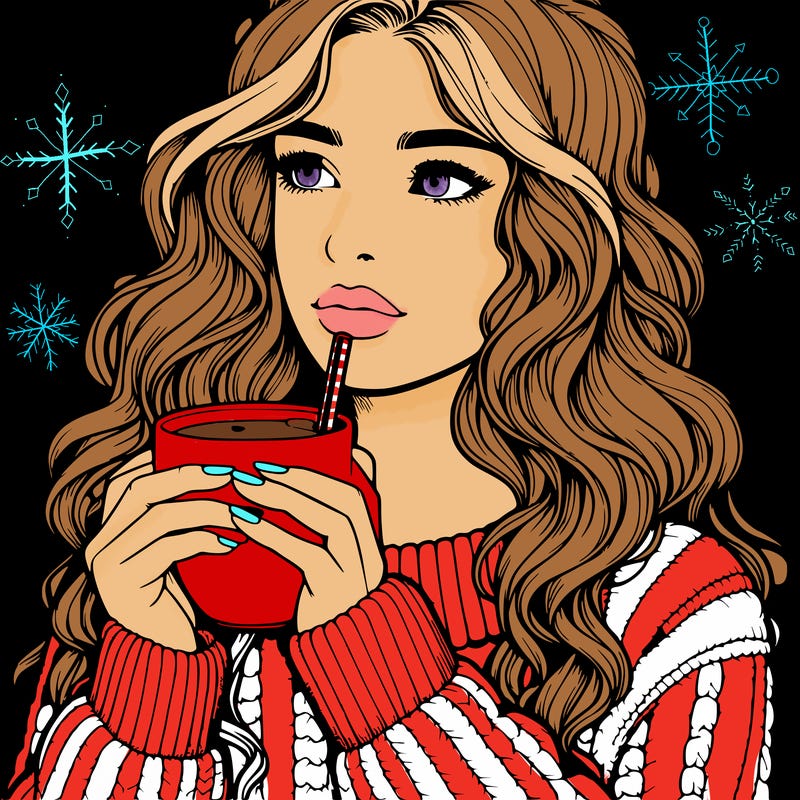 a realistic girl drinking coffee in a sweater with wavy hair