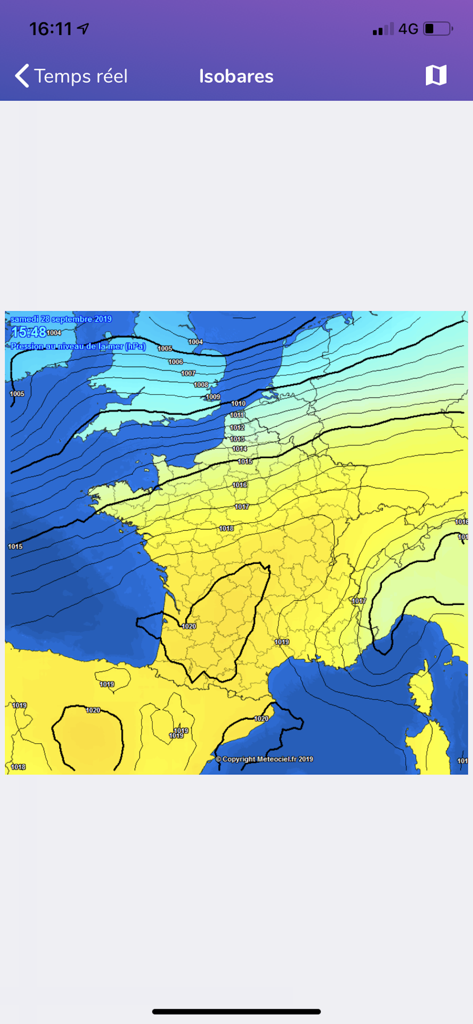 Meteociel - Mappa delle isobare in tempo reale della Francia che mostra i livelli di pressione atmosferica sull'app Meteociel.