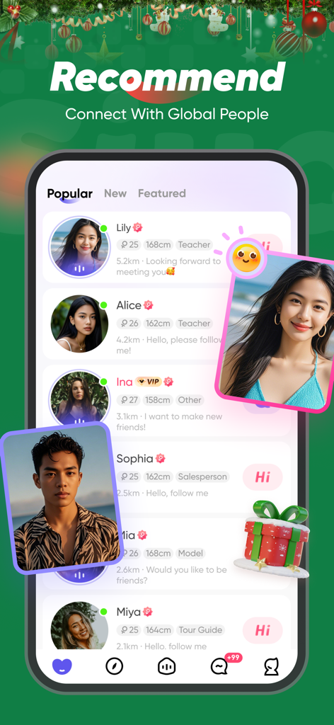 A list of recommended user profiles on the Siya social app for meeting new friends globally
