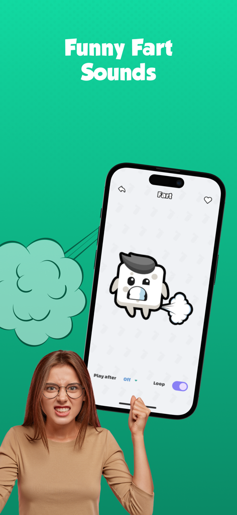Mobile app screen featuring funny fart sounds and a reacting angry woman.