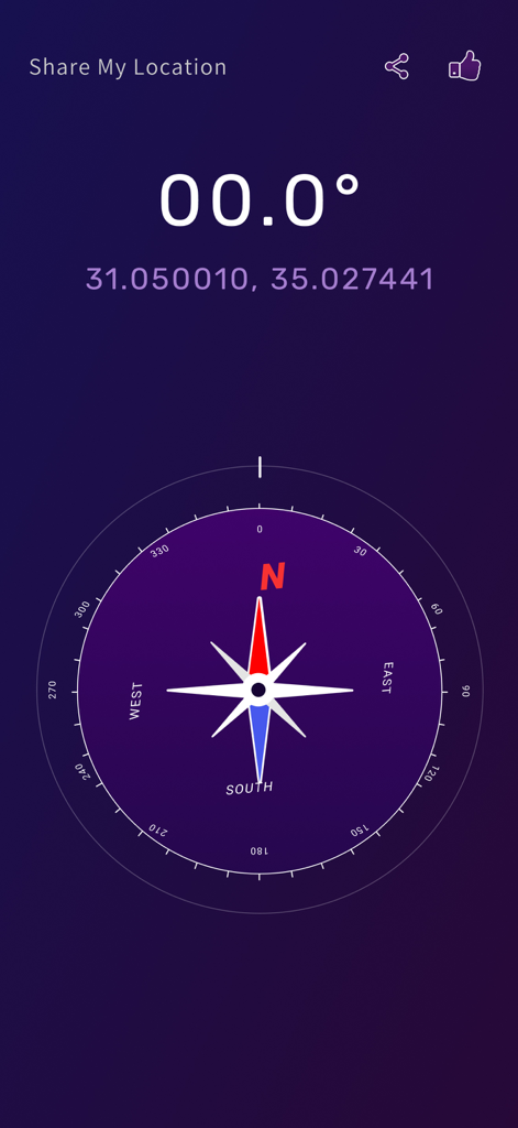 Compass: east north west south - Interface de boussole numérique montrant la direction nord avec les coordonnées GPS et la lecture des degrés