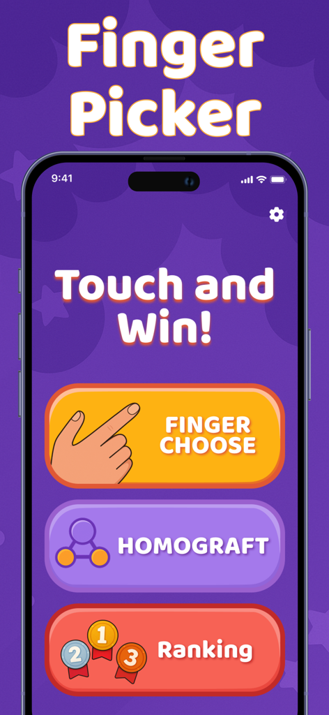 Tela inicial do aplicativo Finger Picker mostrando os modos de jogo Escolha de Dedo, Homógrafo e Ranking em uma interface roxa.