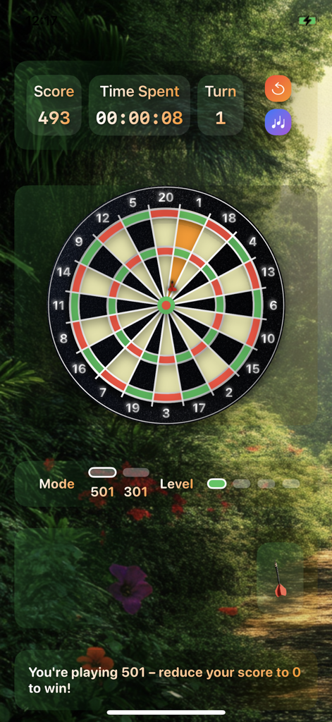 Darts - A screenshot of the Darts mobile game showing a dartboard and score tracking in 501 mode.