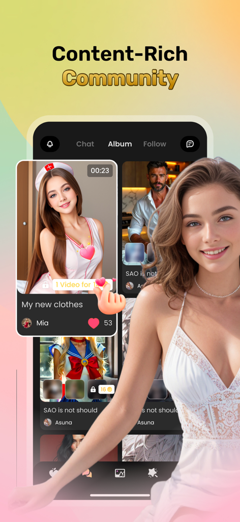 Chatr AI: Chat, Play, Fantasy - Una pantalla de aplicación móvil que muestra una comunidad rica en contenido con una galería de perfiles de personajes de IA realistas y de anime.