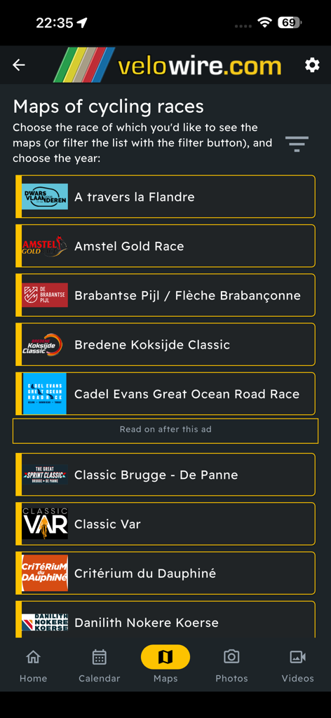 velowire - The velowire app interface showing a list of professional cycling races with available maps for navigation and tracking.