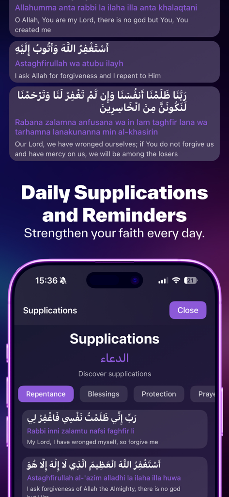Islami - AI, Quran, Prayer - Mobile app interface showing daily Islamic supplications and reminders in Arabic and English with categories like Repentance and Protection
