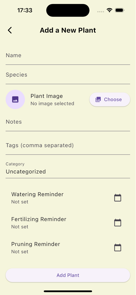 Mobile Custom: Log Care - Mobile app interface for adding a new plant with sections for species name photo upload and care reminders