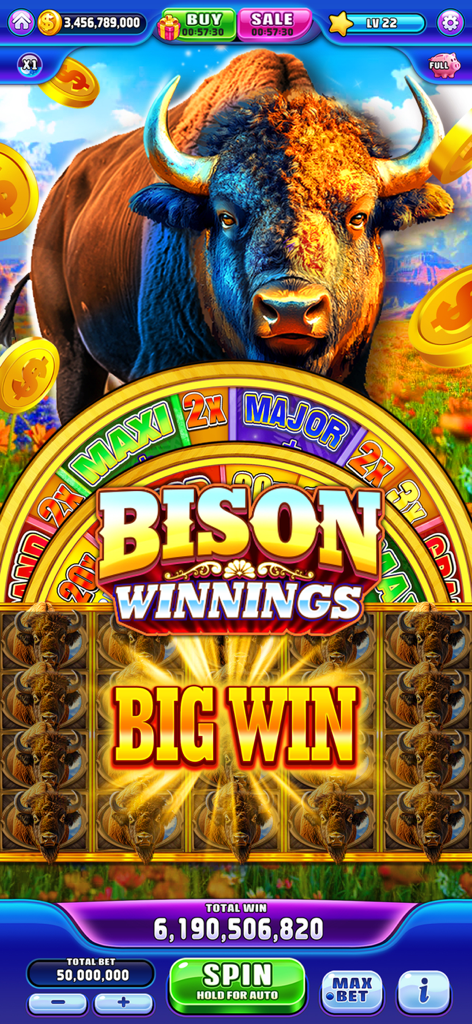 Dragon Jackpot Slots Casino - Bison Winnings slot machine game screen showing a big win in Dragon Jackpot Slots Casino