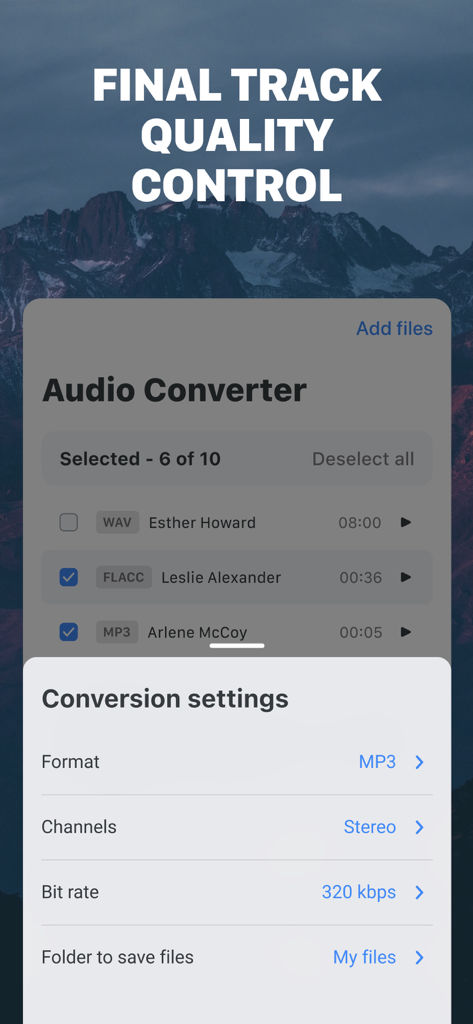 My Converter: Music & Audio - Menú de configuración de conversión de audio para ajustar el formato y la calidad de la tasa de bits en la aplicación My Converter
