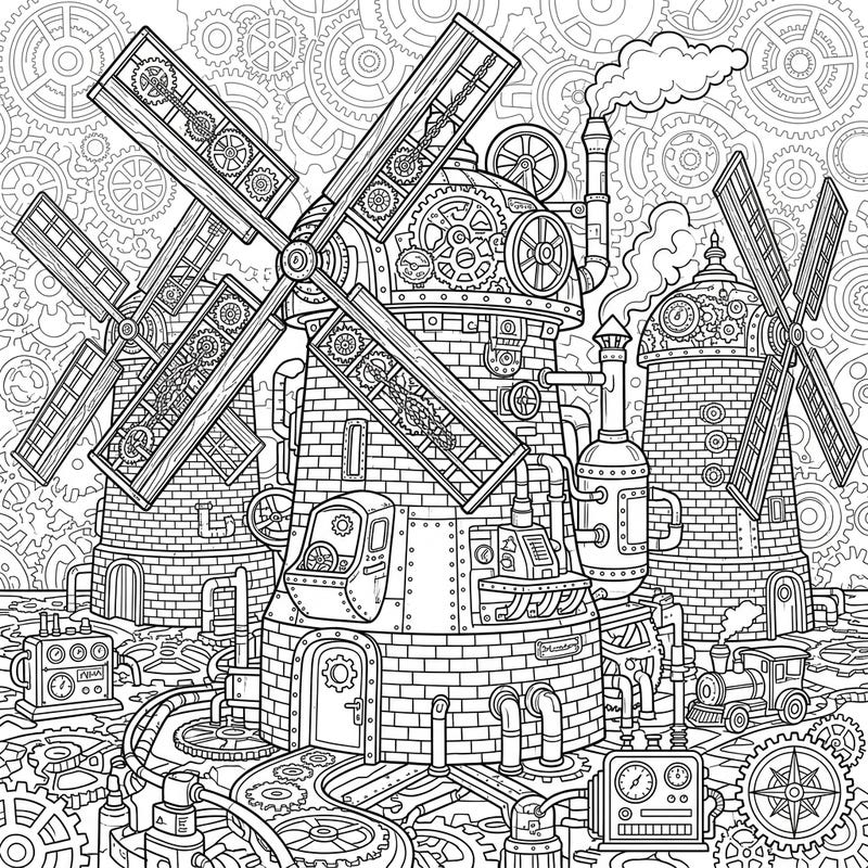Unleash your creativity with this magnificent Steampunk Brick Windmills coloring page, where rustic architecture meets fantastical machinery. Immerse yourself in a world of cogs, pipes, and steam-powered wonders waiting for your unique splash of color.
