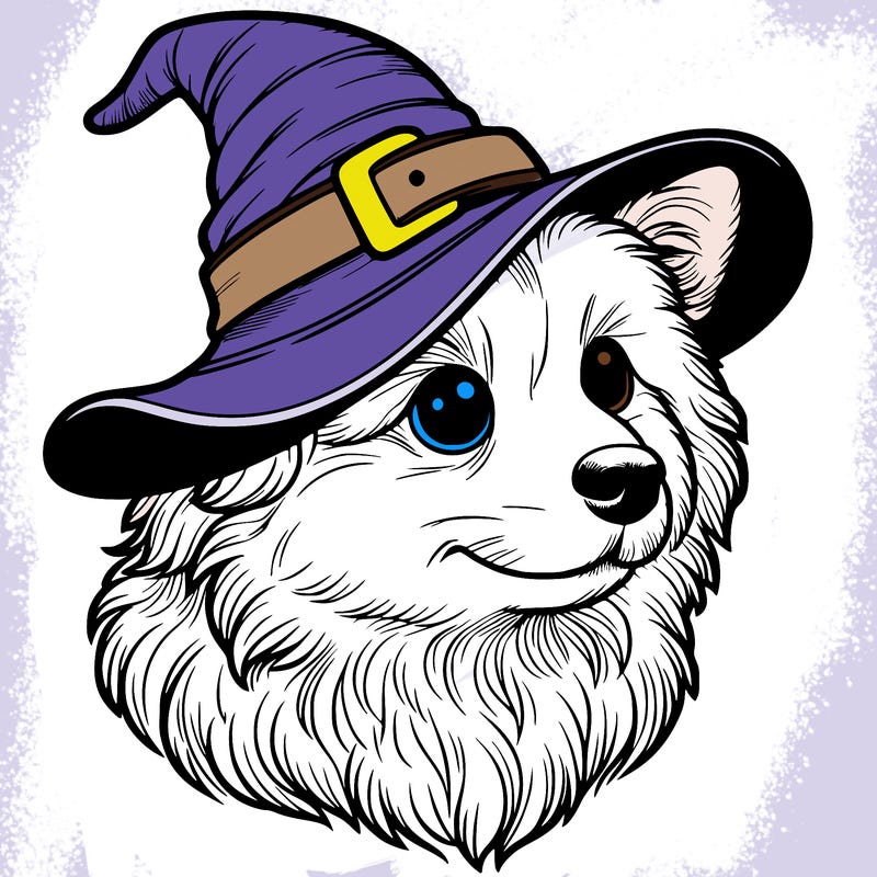 realistic dog, wearing a witch hat