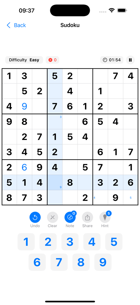 Sudoku-K - Minimalist Sudoku-K game interface showing an easy difficulty puzzle grid with light mode theme