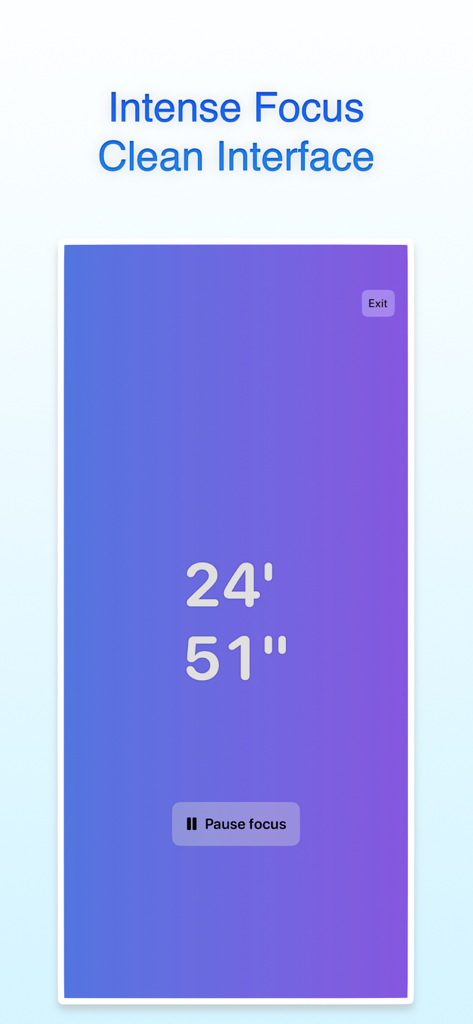 Focus: Pomodoro & Study Timer - 集中セッションのためのカウントダウン時計が表示された、紫色のグラデーション背景を持つミニマリストなフルスクリーンポモドーロタイマー。