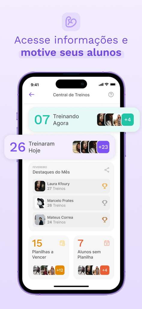 A mobile dashboard showing student training statistics and workout management for fitness professionals.