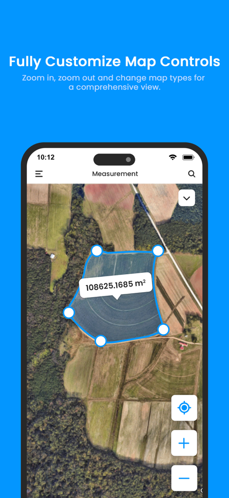 Gps Area Calculator: Land Calc - Aplicativo calculadora de área GPS mostrando um mapa de satélite de terras agrícolas com uma área de polígono azul medida e controles de personalização.