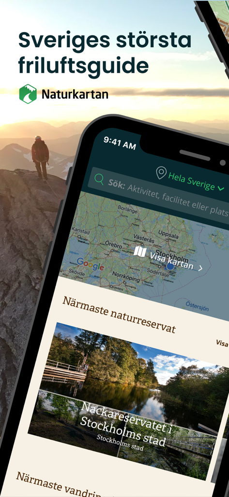 Interface do aplicativo móvel Naturkartan mostrando mapas de caminhada e reservas naturais na Suécia