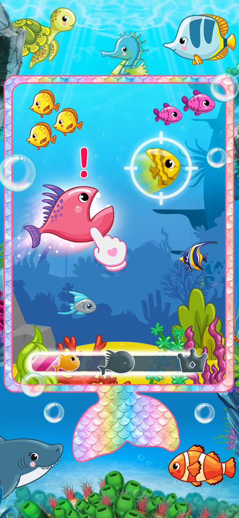 Ein bunter Unterwasser-Minispielbildschirm aus der Little Mermaid Phone App mit verschiedenen Meerestieren