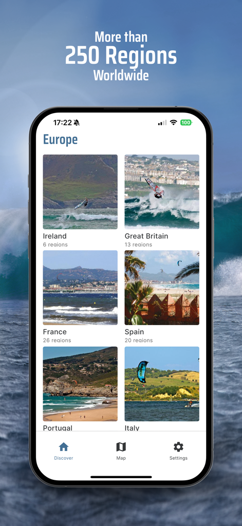 Kite & Windsurfing Guide - Smartphone screen showing the Kite and Windsurfing Guide app featuring various surf regions in Europe including Ireland, Great Britain, France, and Spain