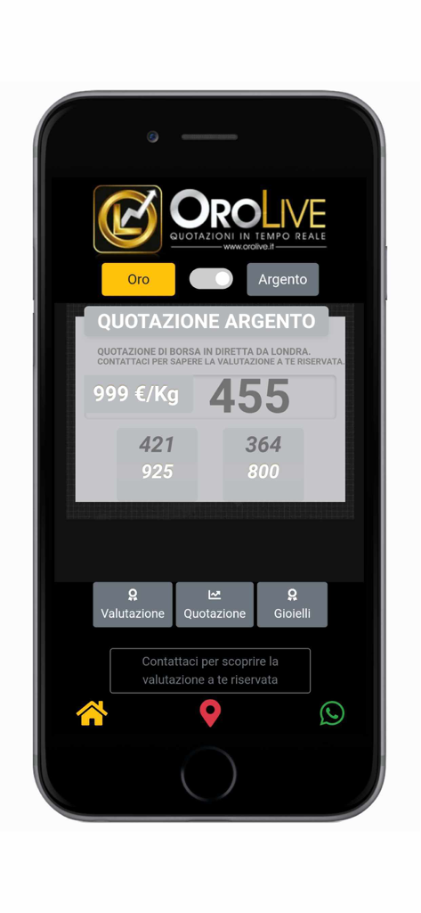 OroLive - Compro oro Roma - Schermata dell'app mobile OroLive che mostra i prezzi dell'argento in tempo reale e le valutazioni di mercato