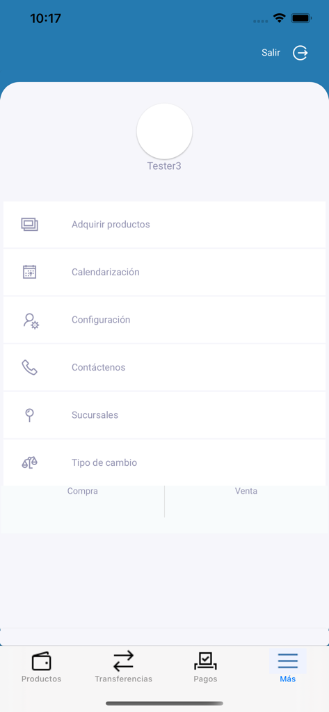 Pantalla del menú 'Más' de la aplicación Coopenae RL con opciones de servicios y tipo de cambio