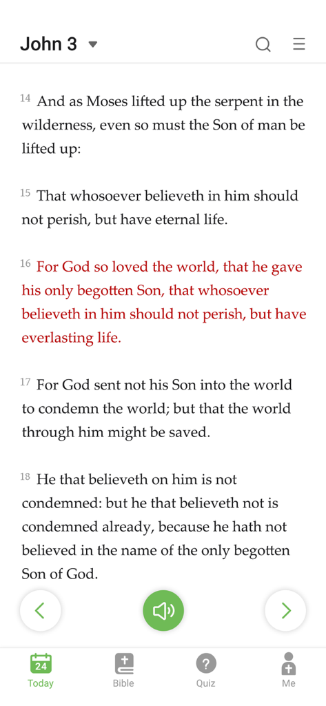 King James Version Bible app reading interface showing John 3 with highlighted text and audio controls