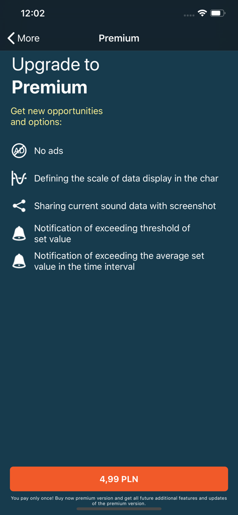 Sound Meter HQ - Écran de mise à niveau premium pour Sound Meter HQ listant des fonctionnalités telles que pas de publicités et notifications de niveau sonore