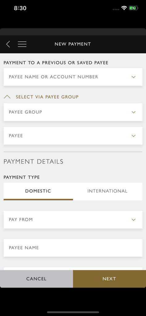 Interfaccia dell'app Coutts Mobile che mostra le opzioni per impostare un nuovo pagamento nazionale o internazionale.