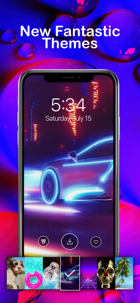 Yo! Live Wallpaper 4K Connect - A preview of the Yo Live Wallpaper 4K app interface featuring a neon car theme and various aesthetic wallpaper options