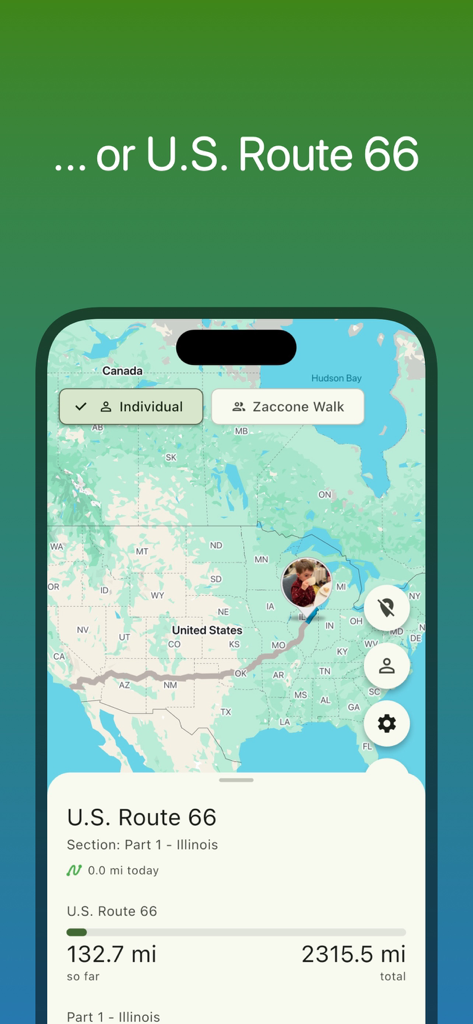 Walk The Distance - Walk The Distance app showing virtual progress on a map of US Route 66