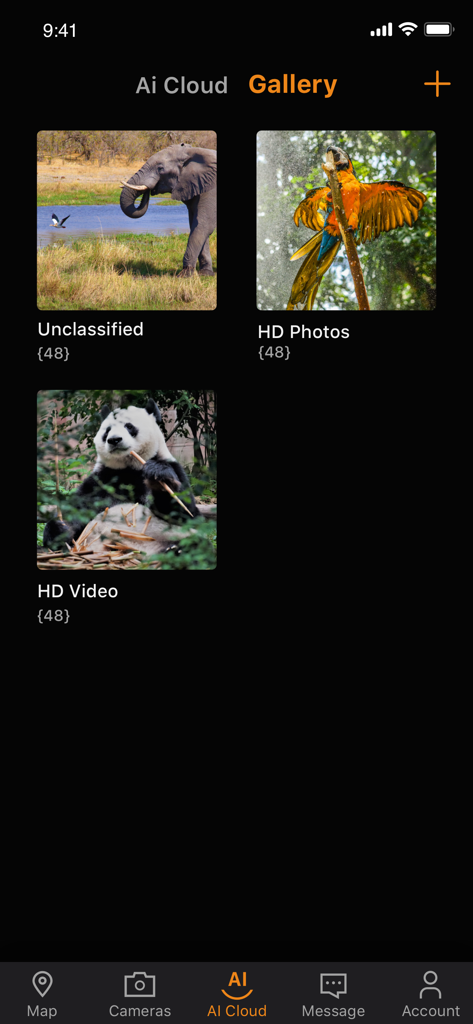 WingHomeCam: 4G Tra - WingHomeCam app media gallery displaying captured wildlife photos and videos from 4G trail cameras