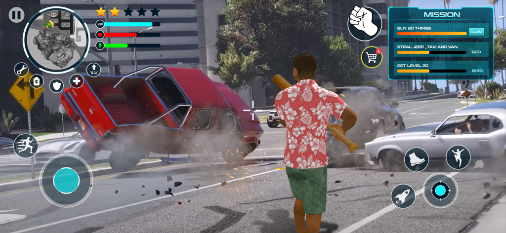 GT Vegas Crime City Simulator - Un personaje con camisa floral sosteniendo un bate de béisbol cerca de un accidente automovilístico en GT Vegas Crime City Simulator