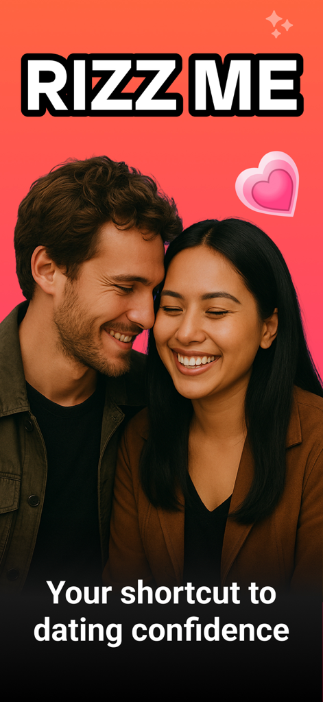 Happy couple smiling with Rizz Me app logo and dating confidence tagline