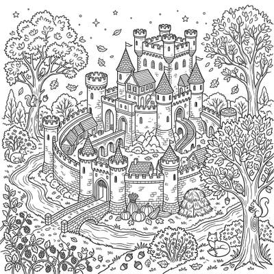 Step into a magical autumn world with this stunning concentric castle coloring page. Discover a majestic fortress nestled amidst falling leaves, harvest delights, and charming woodland animals ready for your creative touch.