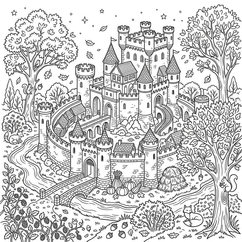 Step into a magical autumn world with this stunning concentric castle coloring page. Discover a majestic fortress nestled amidst falling leaves, harvest delights, and charming woodland animals ready for your creative touch.